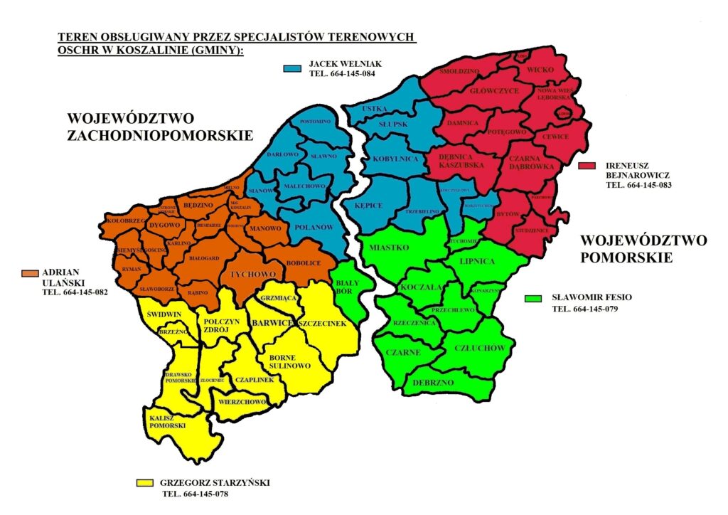 Mapa obsługiwanego terenu wraz z przypisanymi pracownikami terenowymi.